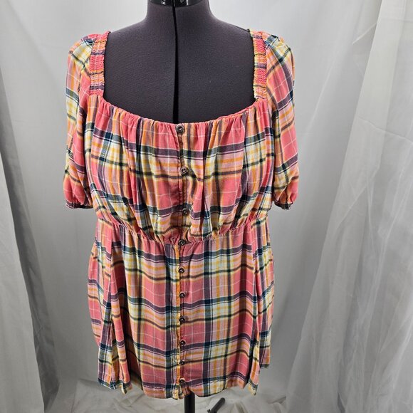 810-42 Torrid plaid Babydoll Top w/Adjustable Off-Shoulder tie Sz 2, 18/20 - Picture 1 of 10